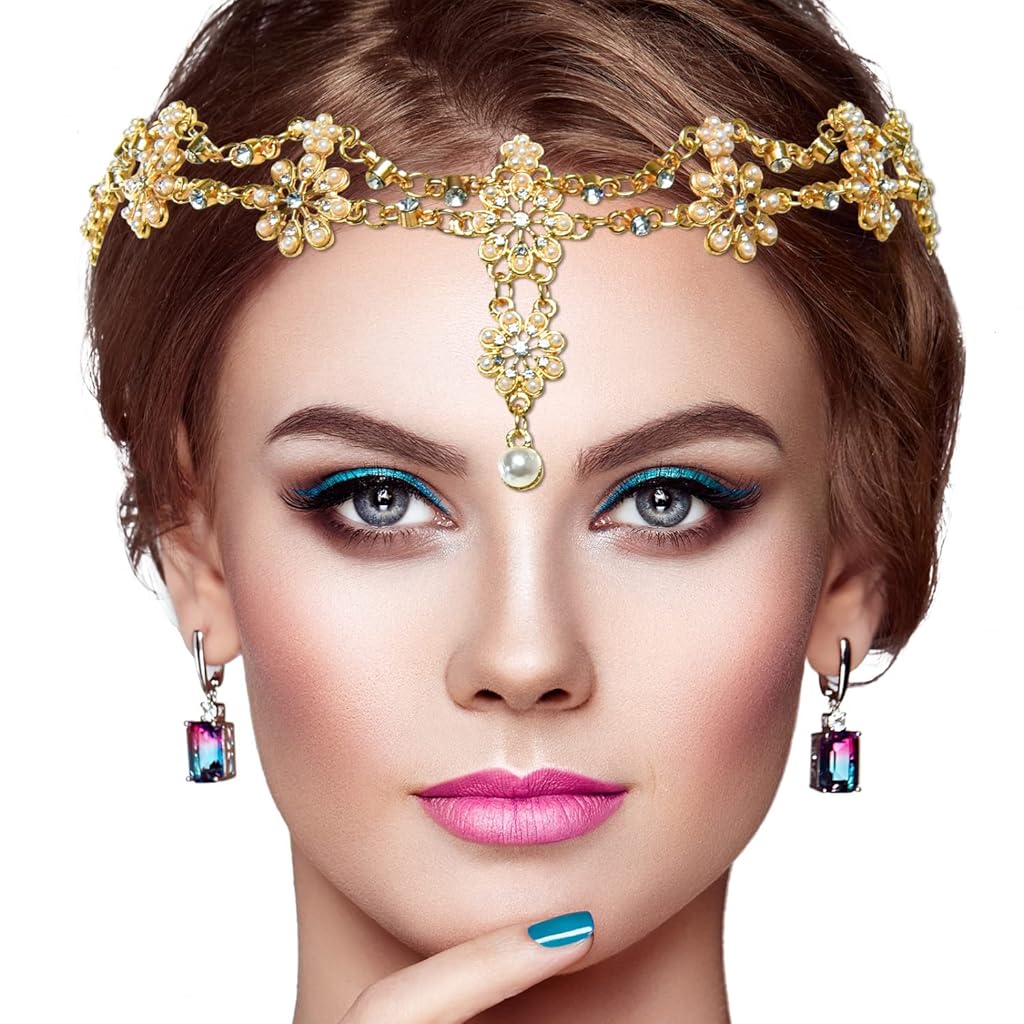 SANNIDHI® Bridal Head Chain Elegant Drop Pendent Head Chain Alloy Floral Head Chain Headpiece for Women Bold Headpiece Hair Accessory for Festival, Wedding SANNIDHI® Bridal Head Chain Elegant Drop Pendent Head Chain Alloy Floral Head Chain Headpiece for Women Bold Headpiece Hair Accessory for Festival, Wedding